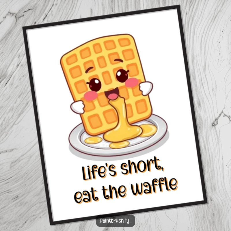 Funny Free Printable Wall Art: Smiling Waffle Character Playfully Splashing Syrup onto a Plate, Whimsical Breakfast Decor