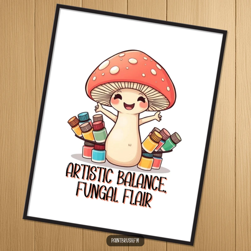 Funny Free Printable Wall Art of a cheerful mushroom struggling to balance an overwhelming number of tiny paint pots.