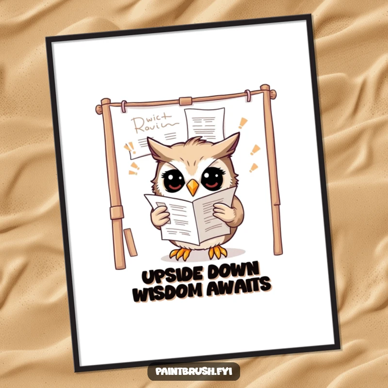 Funny Free Printable Wall Art showing a confused owl trying to read art instructions upside down on a blank canvas.