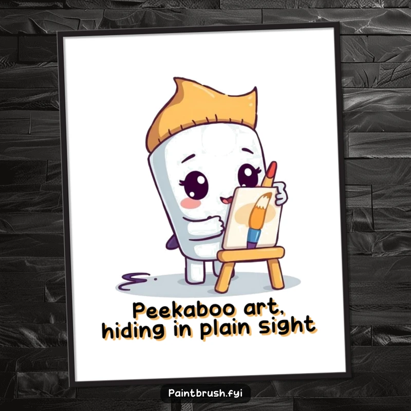 Funny Free Printable Paintbrush character peeking from behind a small easel, shy and humorous downloadable wall art.