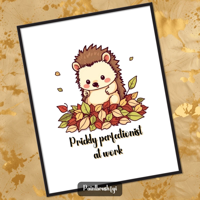 Funny Free Printable Wall Art: A neat hedgehog character meticulously tidying a pile of fallen autumn leaves.