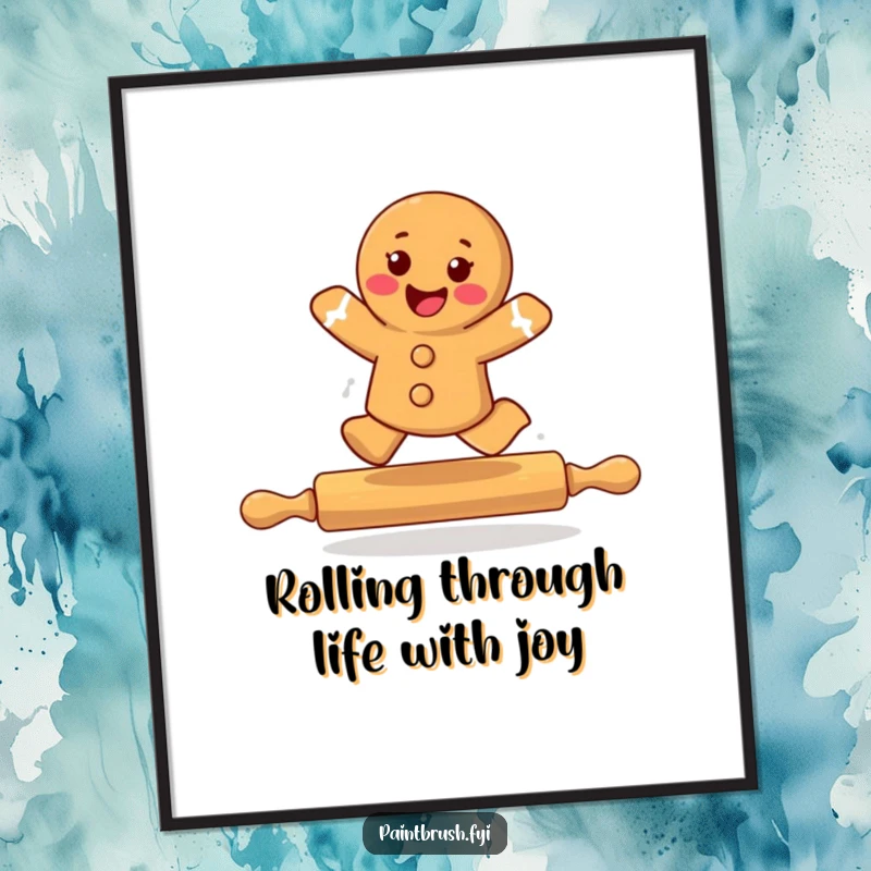Funny Free Printable Wall Art: A cheerful gingerbread cookie character happily leaping over a rolling pin, kitchen art.