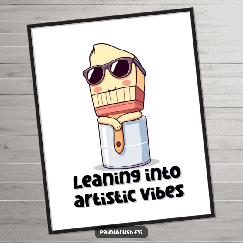 Funny Free Printable Wall Art: Paintbrush character wearing sunglasses, leaning casually on a paint can, exuding coolness.