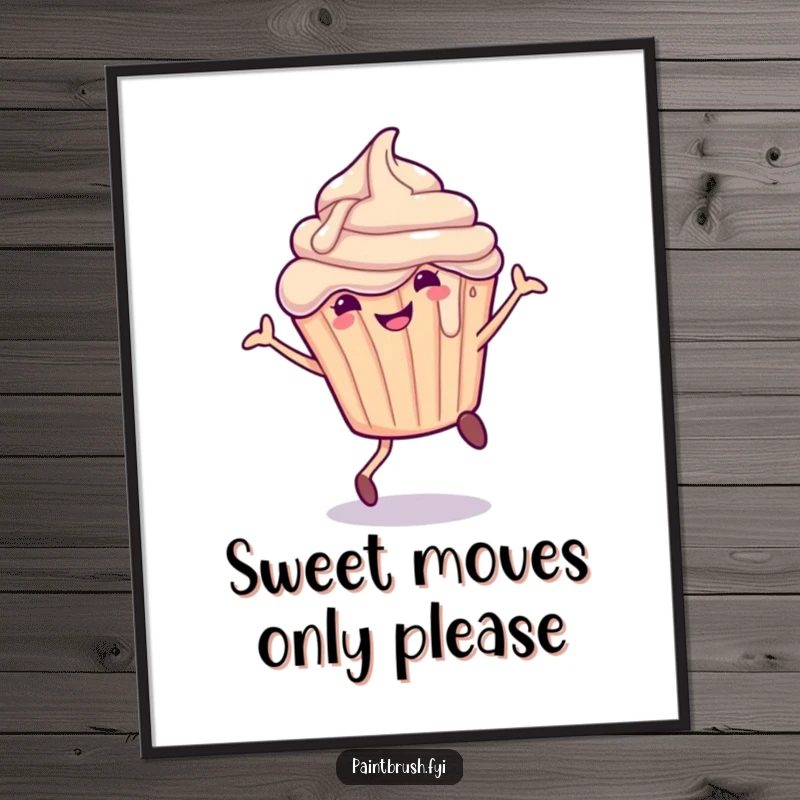 Funny Free Printable Wall Art: A smiling cupcake with melting frosting joyfully executes a cartwheel, bringing sweet energy to the space.