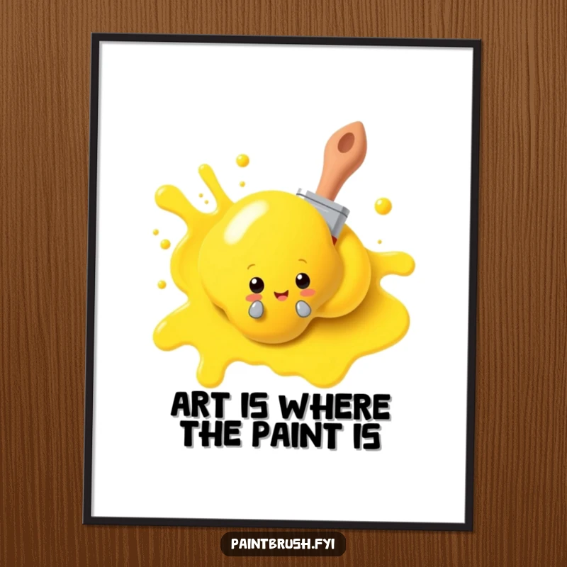 Funny Free Printable Wall Art: A paintbrush character playfully peeking from behind a blob of yellow paint, radiating creativity.