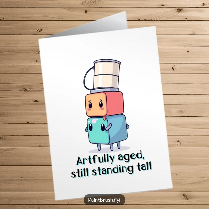 Funny Free Printable Birthday Card with a cube character balancing paint cans on its head, ready to spill.