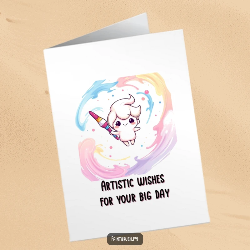 Funny Free Printable Birthday Card: Dreamy paintbrush character floats serenely in a whirl of colorful paint strokes.