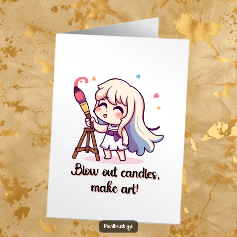 Funny Free Printable Birthday Card: Character playing a paintbrush like a trumpet, emitting colorful sound waves, a musical downloadable.