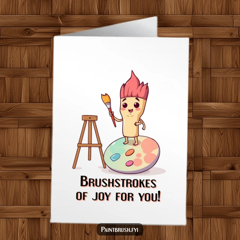 Funny Free Printable Birthday Card: Determined paintbrush character stands proudly on a giant palette, ready to create.
