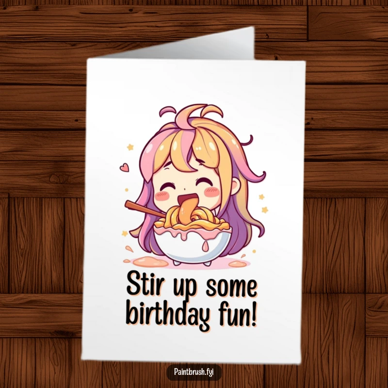 Funny Free Printable Birthday Card: Character enthusiastically mixing vibrant paint colors with a giant stir, a colorful downloadable.