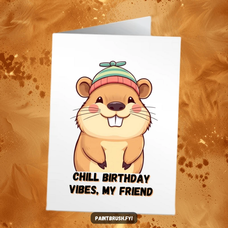 Funny Free Printable Birthday Card featuring a grinning capybara wearing a tiny, silly propeller beanie.