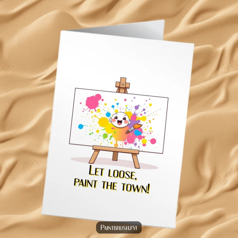 Funny Free Printable Birthday Card: Small paintbrush character joyfully splatters vibrant paint on a canvas, artistic humor.