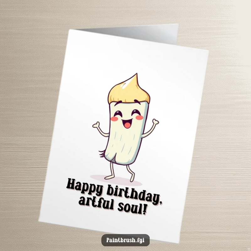 Funny Free Printable Birthday Card showing a cheerful paintbrush character dancing energetically with colorful paint strokes.
