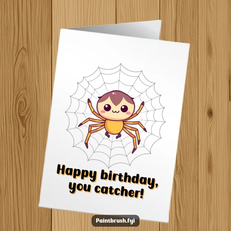 Funny Free Printable Birthday Card featuring a focused spider character weaving a perfectly symmetrical web with intricate precision.