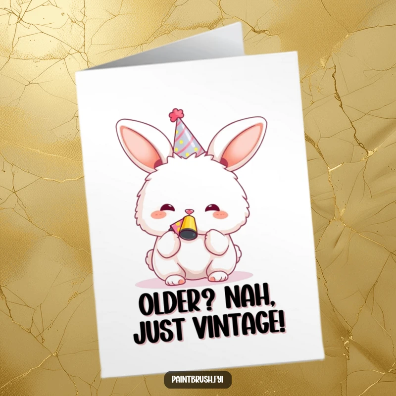 Funny Free Printable Birthday Card featuring a fluffy bunny in a party hat blowing a noisemaker with pure joy.