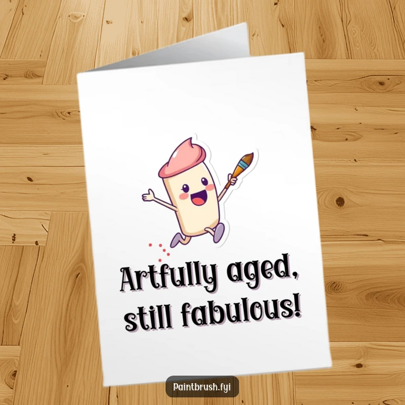 Funny Free Printable Birthday Card: Excited paintbrush character leaps, leaving a colorful dot trail, perfect for art lovers.