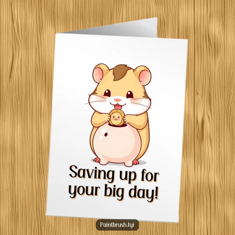 Funny Free Printable Birthday Card featuring a cute hamster character diligently stuffing a single shiny coin into a very small piggy bank.