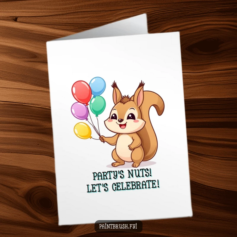 Funny Free Printable Birthday Card shows a happy squirrel juggling brightly colored balloons with a huge grin.