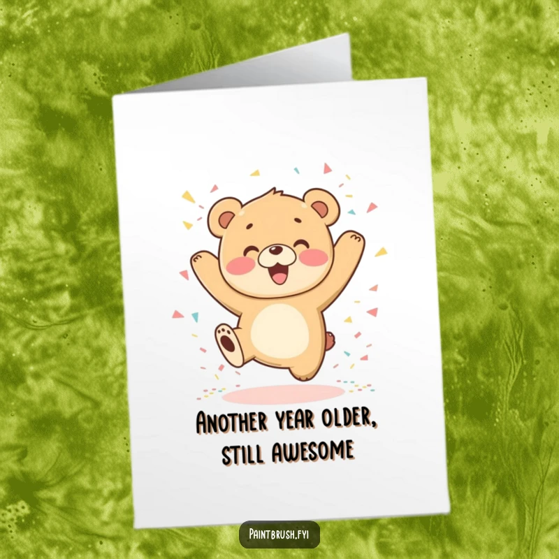 Funny Free Printable Birthday Card showcases a bear cub joyfully jumping amidst a shower of colorful confetti.