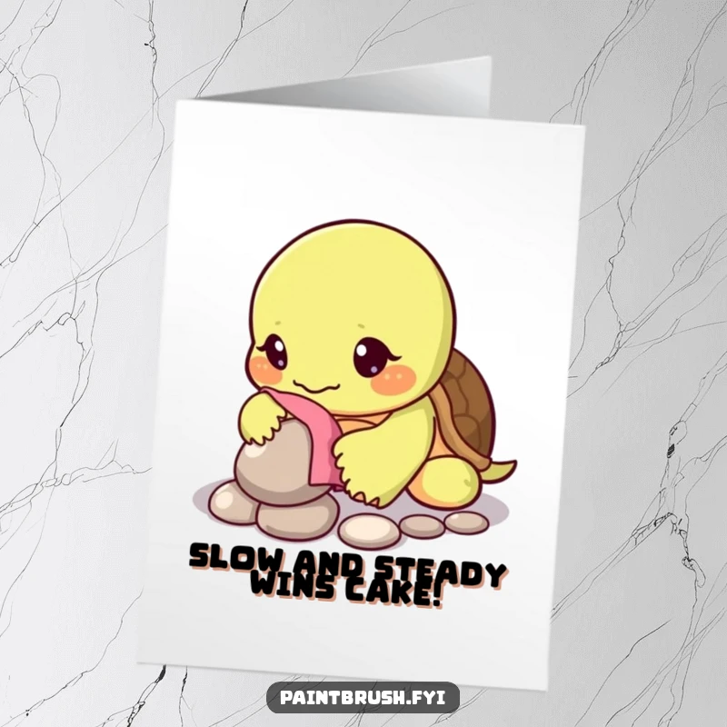 Funny Free Printable Birthday Card showing a patient turtle character meticulously polishing a single, exceptionally shiny pebble with a small cloth.