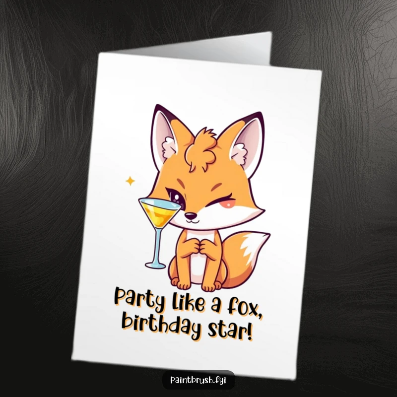 Funny Free Printable Birthday Card features a sly fox winking mischievously while holding a cocktail glass.