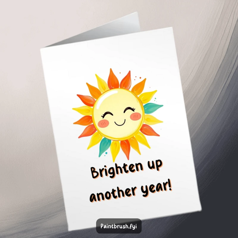 Funny Free Printable Birthday Card: A paintbrush character happily painting a bright, smiling sun with vivid colors, spreading joy.