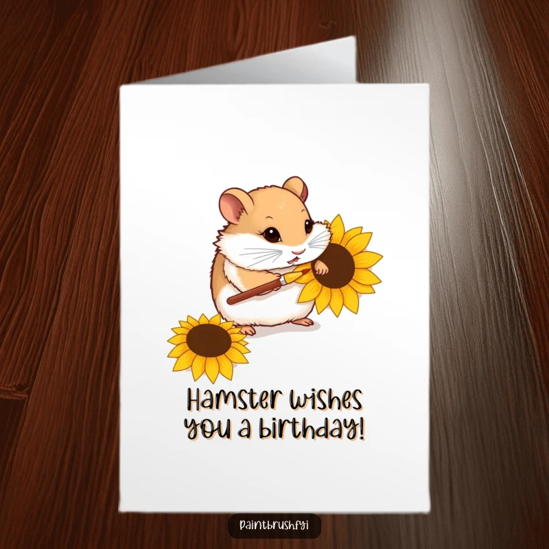 Funny Free Printable Hamster Birthday Card: A curious hamster meticulously painting a tiny sunflower seed with a small brush.