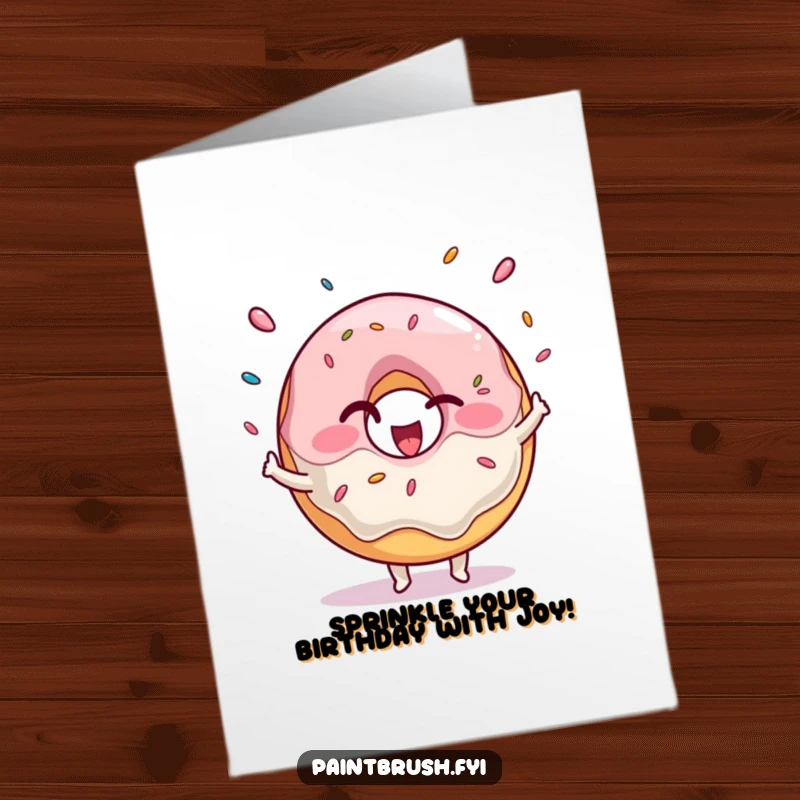 Funny Free Printable Birthday Card: A winking donut character gleefully juggles colorful sprinkles, spreading birthday excitement.