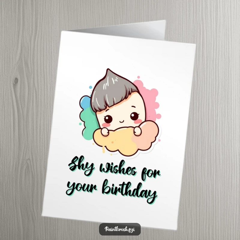 Funny Free Printable Birthday Card featuring a shy paintbrush character peeking from behind a colorful blob, adding a touch of cute bashfulness.