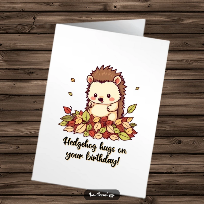 Funny Free Printable Birthday Card featuring a neat hedgehog character perfectly tidying up a pile of fallen autumn leaves.