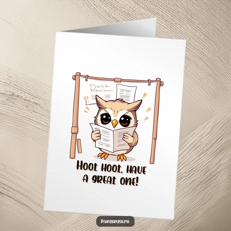 Funny Free Printable Birthday Card of a confused owl struggling to read art instructions that are upside down on a canvas.