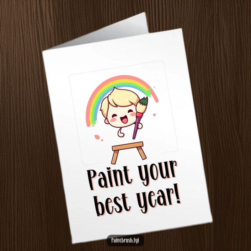 Funny Free Printable Birthday Card: Paintbrush character joyfully painting a rainbow arc across a blank canvas, celebrating.