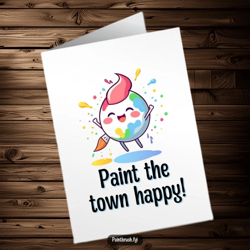 Funny Free Printable Birthday Card: A round paintbrush character gleefully splatters vibrant rainbow paint, wishing a colorful happy birthday.