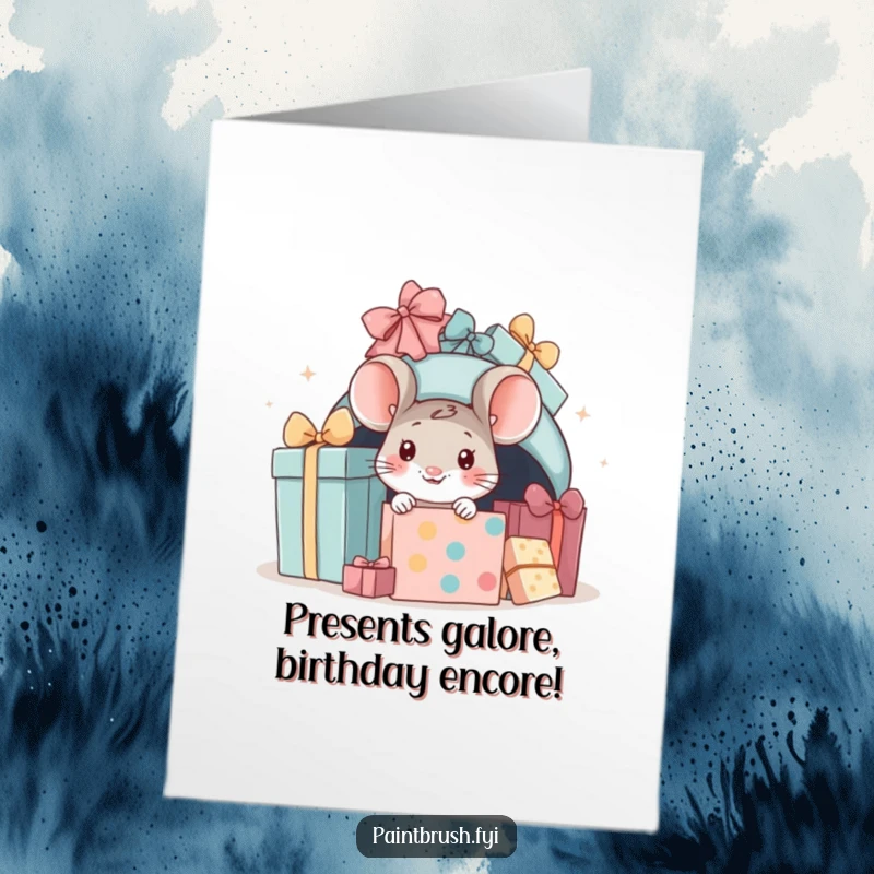 Funny Free Printable Birthday Card showing a tiny mouse peeking out from under a huge pile of birthday presents.
