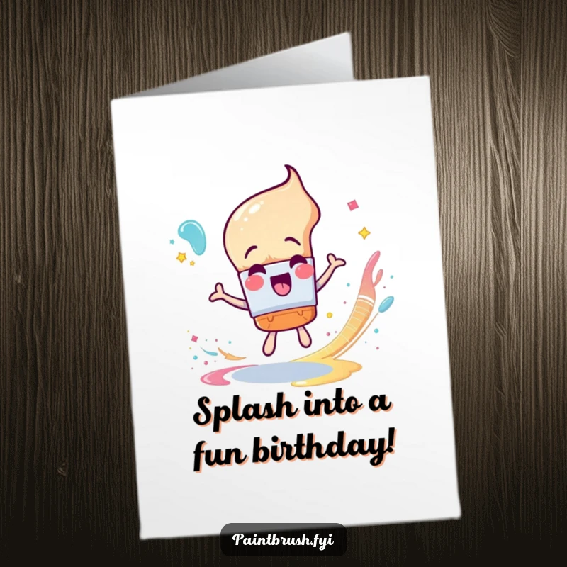 Funny Free Printable Birthday Card: An excited paintbrush character joyfully spinning, leaving a trail of glittery paint.