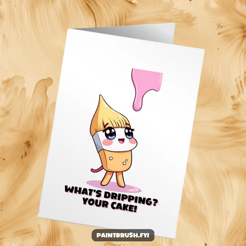 Funny Free Printable Birthday Card: Paintbrush character looking up inquisitively at a falling paint drip, a humorous downloadable gift for birthdays.