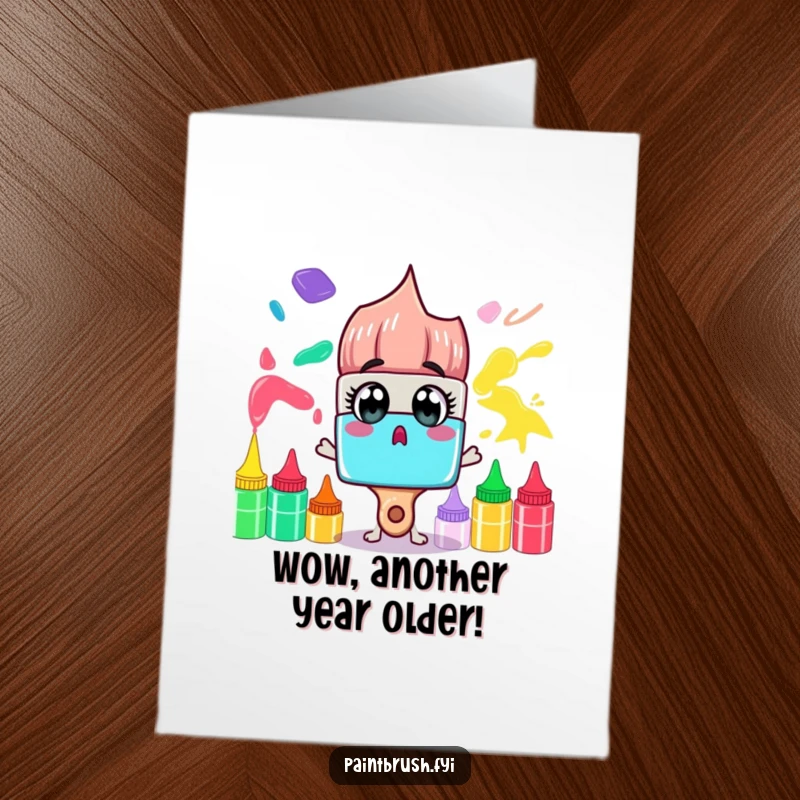 Funny Free Printable Birthday Card: Surprised paintbrush character wide-eyed at a rainbow of paint tubes, artistic wonder.