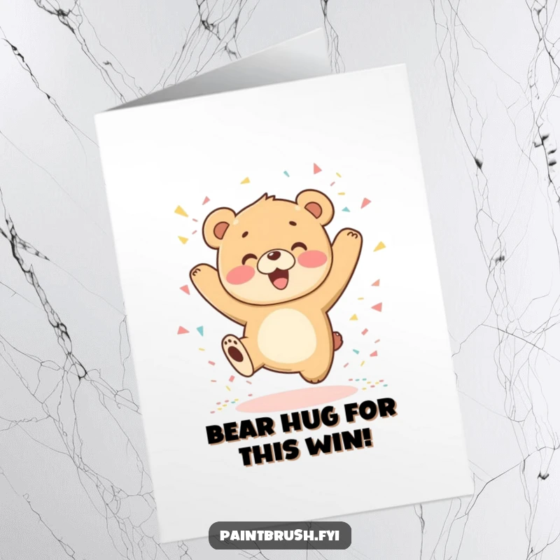 Funny Free Printable Congratulations Card shows a bear cub leaping with glee as confetti falls around it happily.