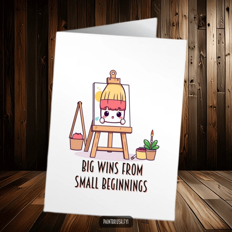 Funny Free Printable Congrats Card: Shy paintbrush character peeking from behind a massive art easel, endearing humor.