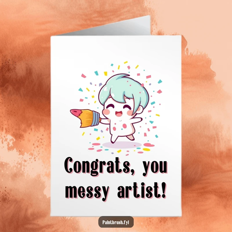 Free printable congratulations card depicting a paintbrush character tripping and showering a burst of confetti paint.