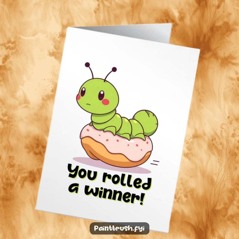 Funny Free Printable Congrats Card: Caterpillar bravely rides a runaway donut, celebrating a wild success.