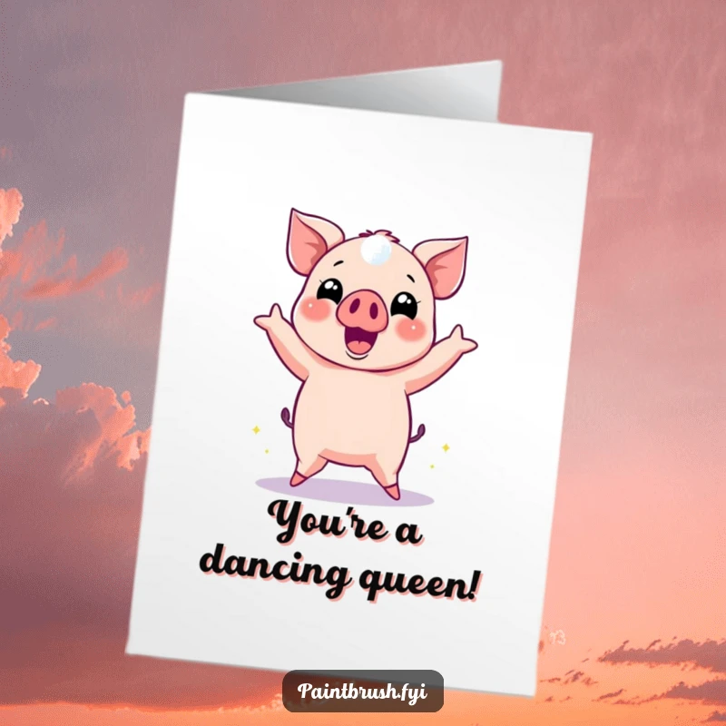 Funny Free Printable Congratulations Card depicts a cheerful pig dancing energetically with disco ball reflections around.