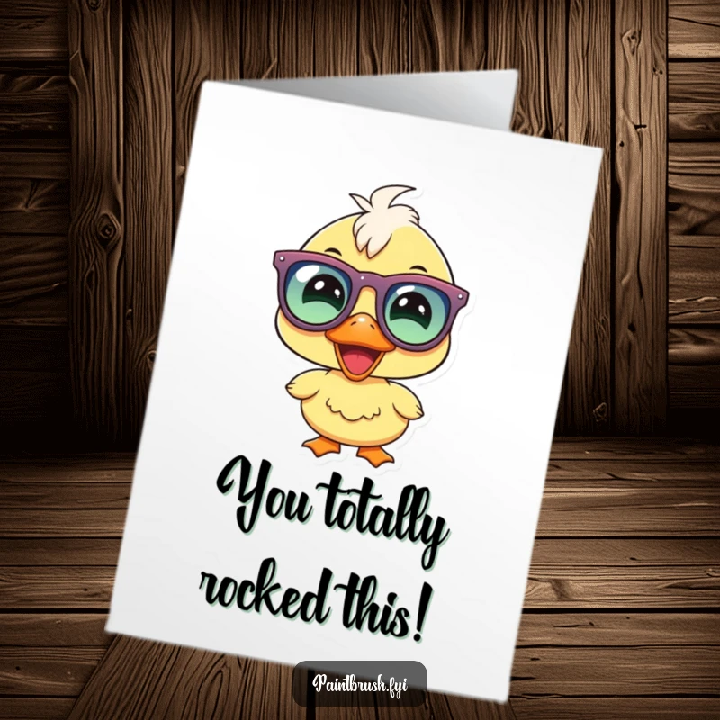 Funny Free Printable Congratulations Card with a smiling duckling in large party glasses, ready to celebrate success.
