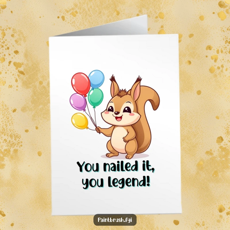 Funny Free Printable Congratulations Card depicts a squirrel expertly juggling colorful balloons with a wide, happy grin.
