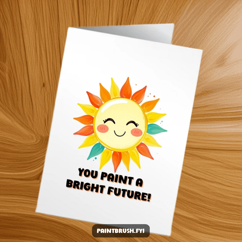 Funny Free Printable Congratulations Card: A paintbrush character creating a cheerful, smiling sun with vibrant rainbow colors, symbolizing good fortune.