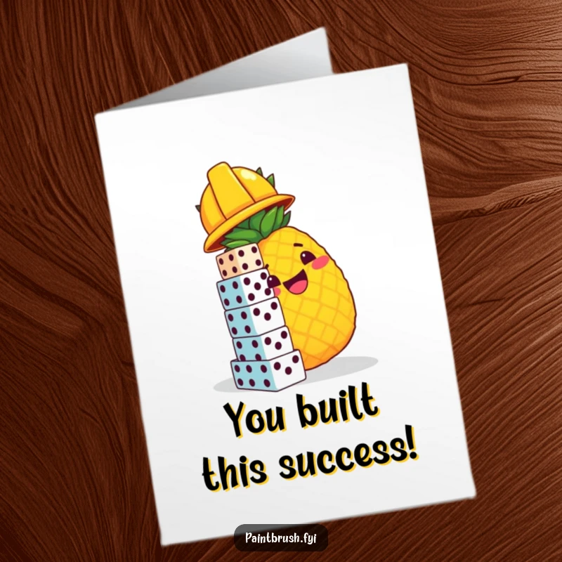 Funny Free Printable Congrats Card: Pineapple construction worker stacking dice, celebrating success with humor.