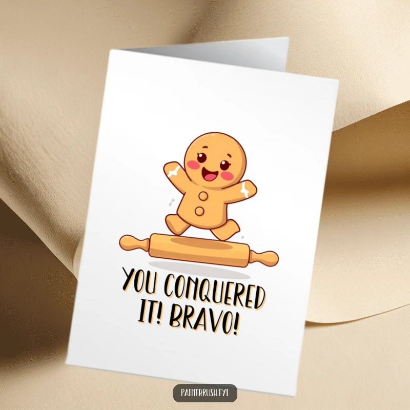 Funny Free Printable Congratulations Card: Gingerbread cookie mid-air leap, celebrating success with cookie cheer.