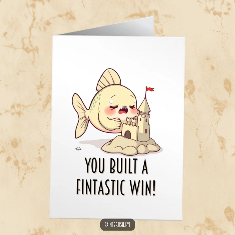 Funny Free Printable Fish Congratulations Card: A determined fish proudly presents its tiny, fin-sculpted clay castle.