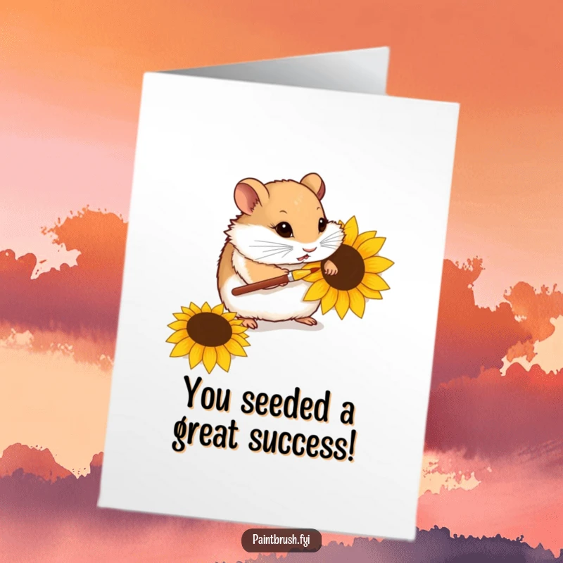Funny Free Printable Hamster Congratulations Card: A curious hamster proudly displays its decorated sunflower seed masterpiece.