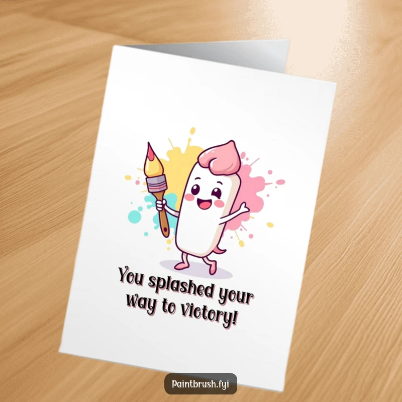 Funny Free Printable Congrats Card: Happy paintbrush character joyfully dances with an animated paint splotch, celebrating success.